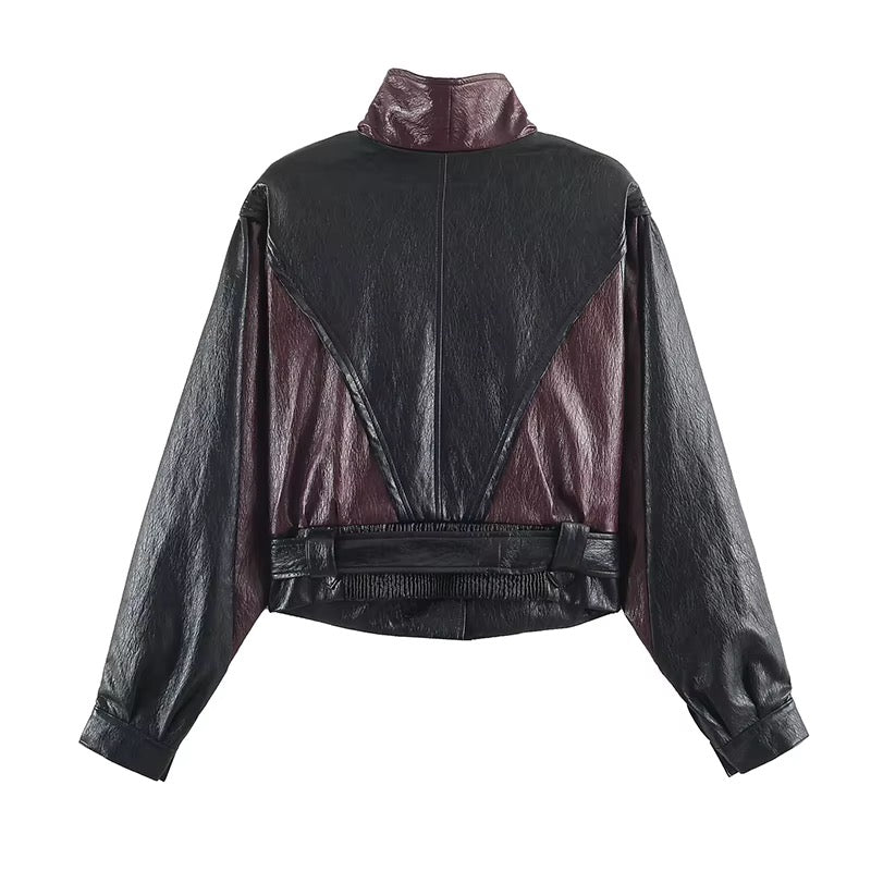 THE OKANAGAN BORDEAUX CROPPED LEATHER LOOK JACKET