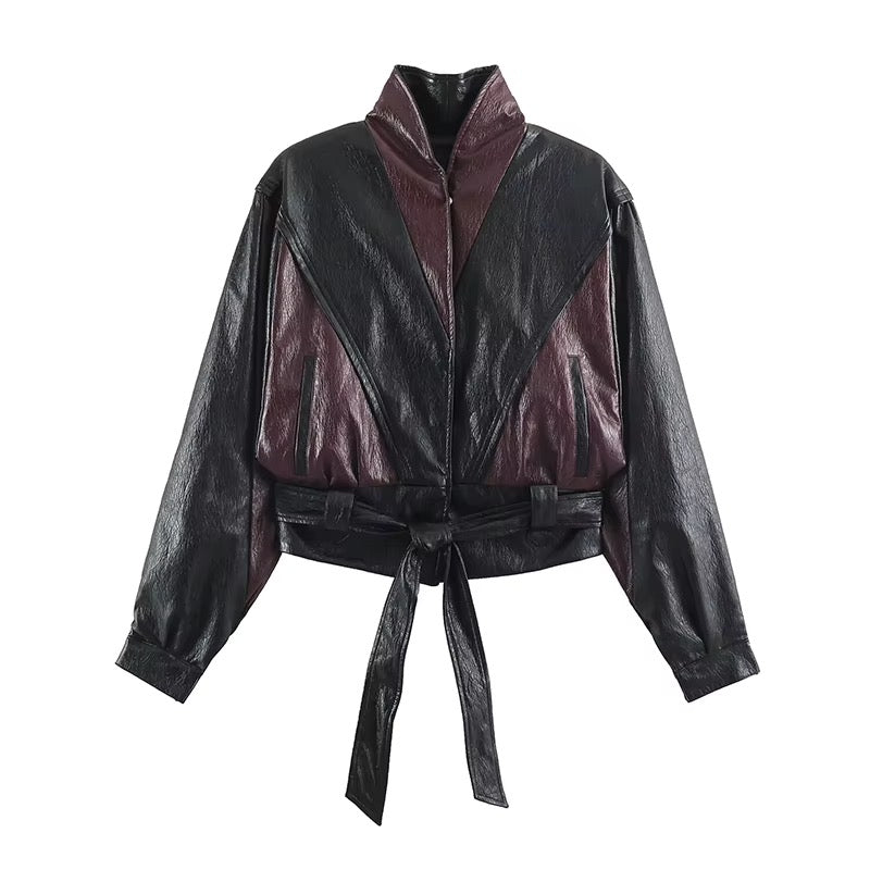 THE OKANAGAN BORDEAUX CROPPED LEATHER LOOK JACKET