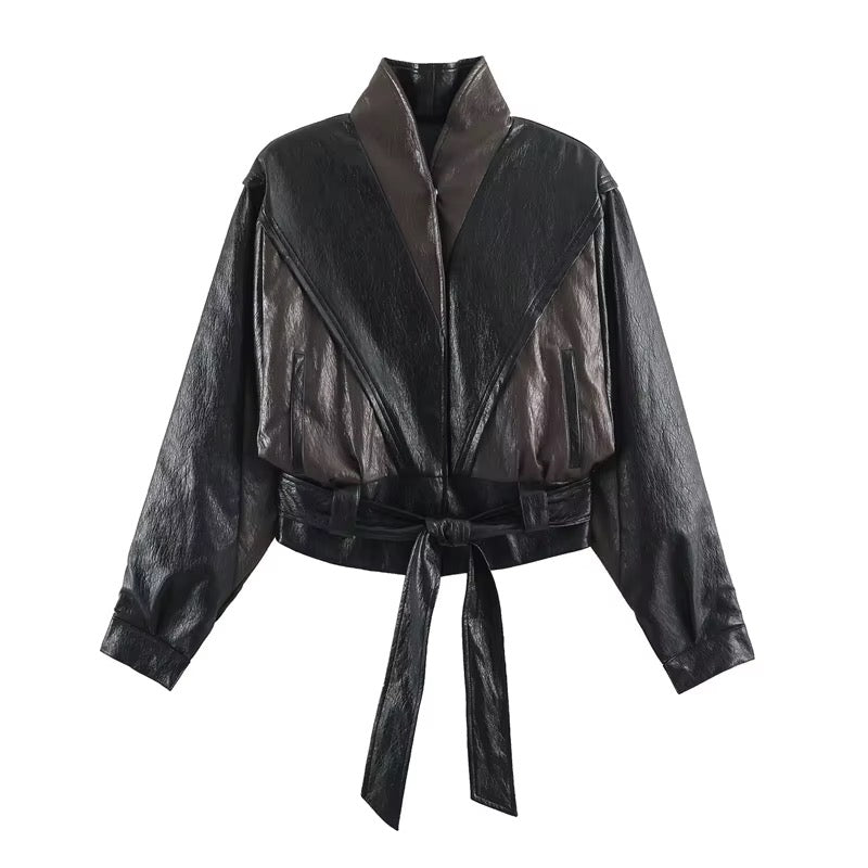 THE OKANAGAN NOIR CROPPED LEATHER LOOK JACKET